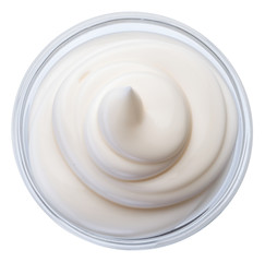 Mayonnaise swirl in glass bowl. Top view. Clipping path.