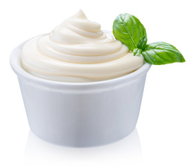 Mayonnaise swirl in white bowl. Clipping path.