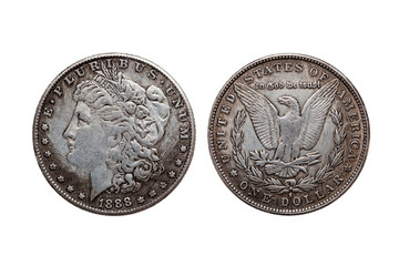 USA One Dollar Morgan Silver Coin replica dated 1880 with a portrait image of Liberty on the...