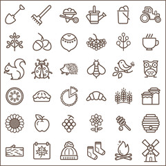 Set of autumn and nature Icons line style. Included the icons as agriculture,  farming, bee, pumpkin pie, harvest And Other Elements. customize color,  easy resize.
