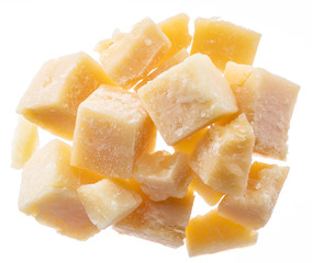Parmesan cheese cubes isolated on white background.