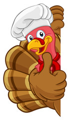 Chef Turkey Thanksgiving or Christmas bird animal cartoon character. Wearing a chefs hat and peeking around a background sign giving a thumbs up