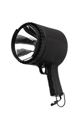 Flashlight with a large reflector close up on a white background. large hand-powerful lantern isolated on white background.