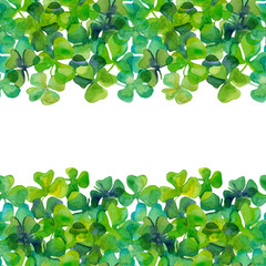 Fototapeta na wymiar Watercolor hand drawn clover leaves in seamless border on white background. Aquarelle green and blue colors. full frame. Design for covers, wallpapers, backgrounds. 