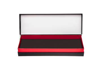 A small open black paper box with a red stripe for a gift. Gift wrapping isolate on white background.