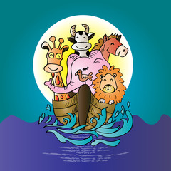 Cute animals on boat. cartoon illustration.