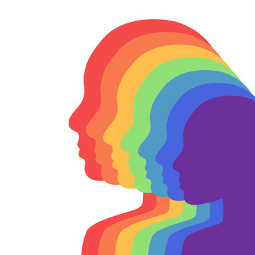 Team rainbow people in profile. Layered illustration. Unity and recognition of orientation. Colorful silhouettes. Vector element for cards, banners and your creativity