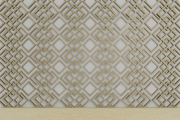 diamond wood blocks on white wall, empty room, background, 3d rendering