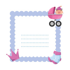 baby shower card with little newborn in cart