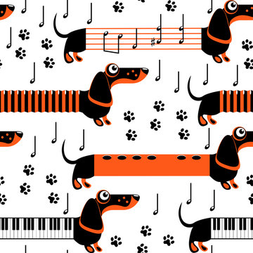 Dachshund dogs in the form of musical instruments and notes