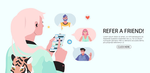 Refer a friend concept with a girl holding a phone with a list of her friends contacts. Refferal marketing strategy  banner, landing page template, ui, web, mobile app, poster, banner, flyer.