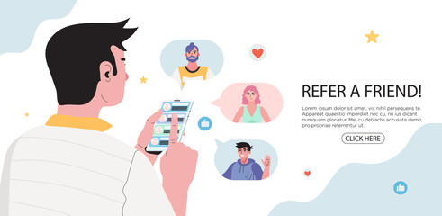 Refer a friend concept with a man holding a phone with a list of his friends contacts. Refferal marketing strategy  banner, landing page template, ui, web, mobile app, poster, banner, flyer.