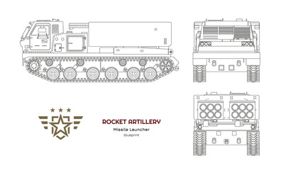 Outline blueprint of missile vehicle. Rocket artillery. Side, front and back view. Drawing of military tractor with jet weapon. Camouflage tank