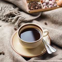 Autumn, winter hygge home decor composition, coziness concept