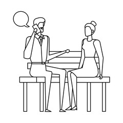 business couple calling in the park chair and speech bubbles