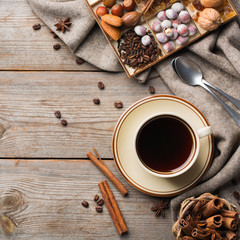 Autumn, winter hygge home decor composition, coziness concept