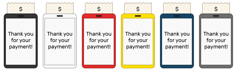 The digital bill is at the top of black, white, red, yellow, blue and grey smartphones. Dollar sign is on a check. Inscription "Thank you for your payment" is on a screen. White background, vector.