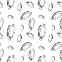 Sketch ice cream pattern. Hand drawn seamless background with sketch style popsicle ice creams. Monochrome backdrop.