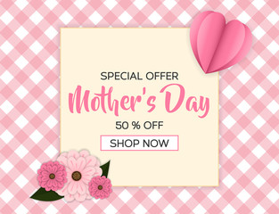 mother's day sale banner template decorated with flower and heart