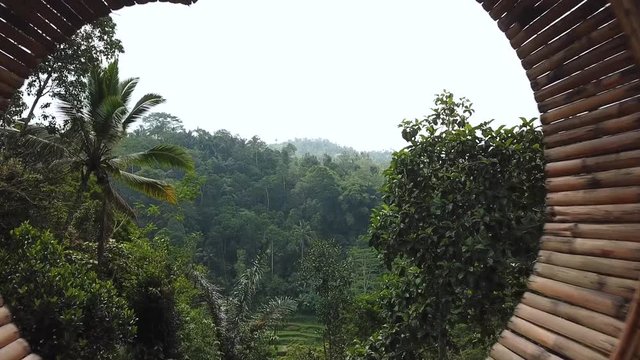 Cinematic Drone Shot flying through a heart shaped pedestal (used for taking pictures) and revealing the beautiful jungle of Bali, Indonesia.
