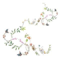 watercolor painting of leaves and flower, on white background