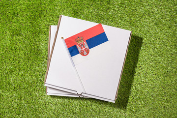 Paper box of pizza with Serbian Flag on the grass. Concept. Top view