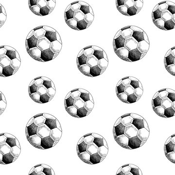 Football backdrop. Hand drawn seamless pattern with sketch style soccer balls. Black on white. Monochrome vector background.