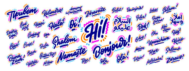 Text with word hello in different languages. French bonjur and salut, spanish hola, japanese konnichiwa, chinese nihao and other greetings. Handwritten background for hotels or school © visio