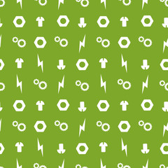 Seamless clipart pattern of parts, nuts, cogs, gears, zippers, mechanisms, white on a green background, chessboard arrangements for boys