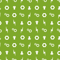 Seamless clipart pattern of parts, nuts, cogs, gears, zippers, mechanisms, white on a green background, chessboard arrangements for boys