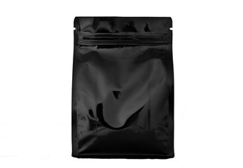 matt black plastic and aluminium flat bottom coffee pouch  with zipper  filled with coffee beans on white background fron view