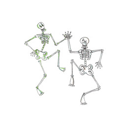 Halloween hand drawn illustration. Funny skeleton dancing! Isolated on white background. Holiday watercolor element for card, invitations and holiday design.