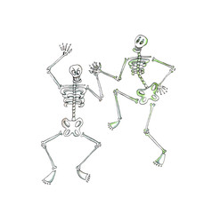 Halloween hand drawn illustration. Funny skeleton dancing! Isolated on white background. Holiday watercolor element for card, invitations and holiday design.