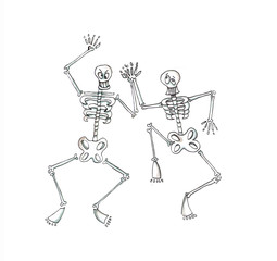 Halloween hand drawn illustration. Funny skeleton dancing! Isolated on white background. Holiday watercolor element for card, invitations and holiday design.