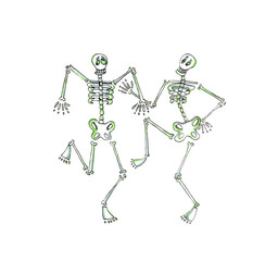 Halloween hand drawn illustration. Funny skeleton dancing! Isolated on white background. Holiday watercolor element for card, invitations and holiday design.
