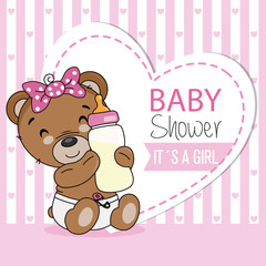 Smiling bear with bottle. Baby shower card