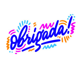 Thank you lettering card. Translation from portuguese - Thank you. Obrigada. Perfect design for greeting cards, posters, T-shirts, banners, print invitations.