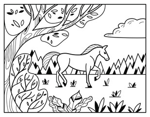 Cute horse cartoon character, vector illustration. Coloring book for kids. Cartoon vector illustration for prints, posters, postcards.