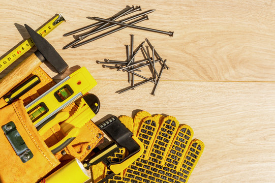 Tools in the bag for carpentry and accessories.