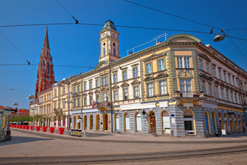 Fototapeta na wymiar Osijek main square and cathedral street view