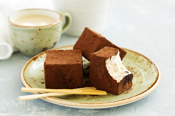 Homemade sweetness, sufa pigeon milk with chocolate, marshmallows.