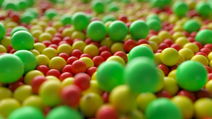 Abstract colorful spheres and balls rolling and falling. 3d illustration