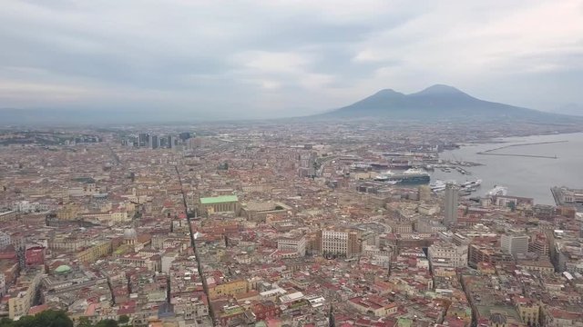 Aerial view of Naples, video shot on a drone. Panoramic view of the city. Flight of a drone over Naples overlooking the bay and Mount Vesuvius.