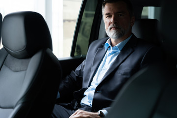 transport, business trip and people concept - senior businessman driving on car back seat.