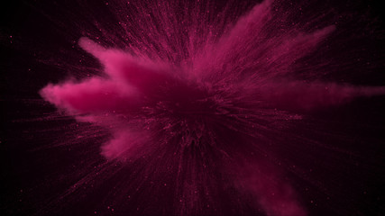 3d illustration of purple colored powder explosion isolated on black background.