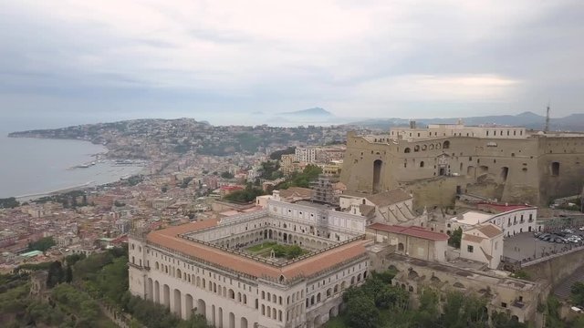 Aerial view of Naples, video shot on a drone. Castell Sant Elmo Castle, Vesuvius and the old town.