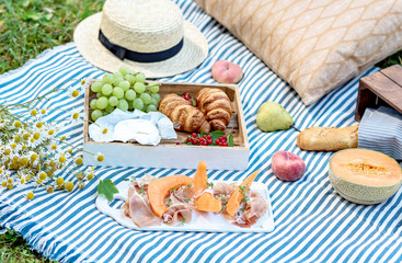Summer picnic on the grass, jamon with melon, grape, bakery, fruits. Rest time, healthy food concept
