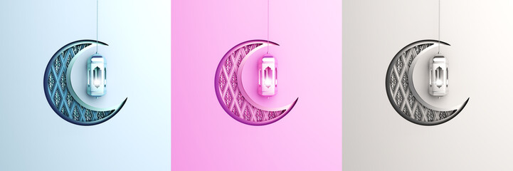 Collection set of various minimal crescent moon paper cut lantern on pink, blue, gradient, white background. Concept of islamic celebration day ramadan or eid fitr adha, hajj, hijri. 3D illustration.