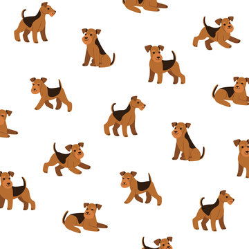 Cartoon happy airedale terrier - simple trendy pattern with dogs. Flat vector illustration for prints, clothing, packaging and postcards. 