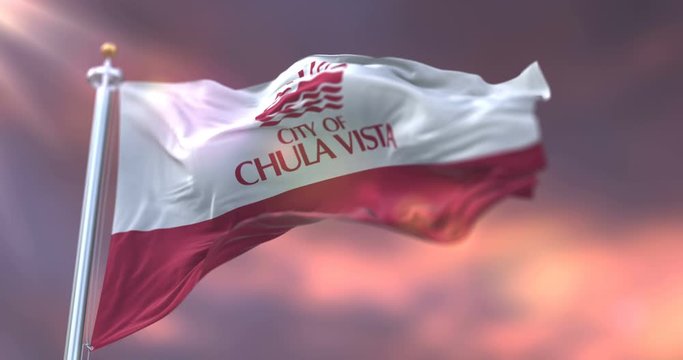 Flag of Chula Vista at sunset, city of California, USA - loop